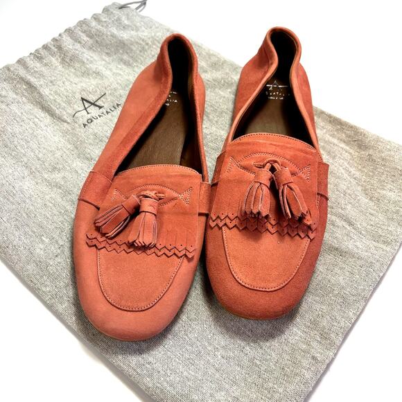 Aquatalia Size 7 Pink Suede Driving Loafers Tassle‎ Italy Dustbag Weatherproof - Picture 1 of 14
